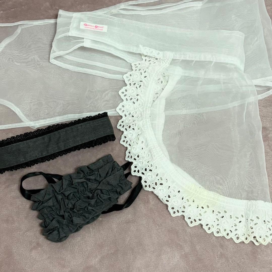 CANDY FRUIT メイド服 グレー エプロン・パニエ・ヘドレ・チョーカー付