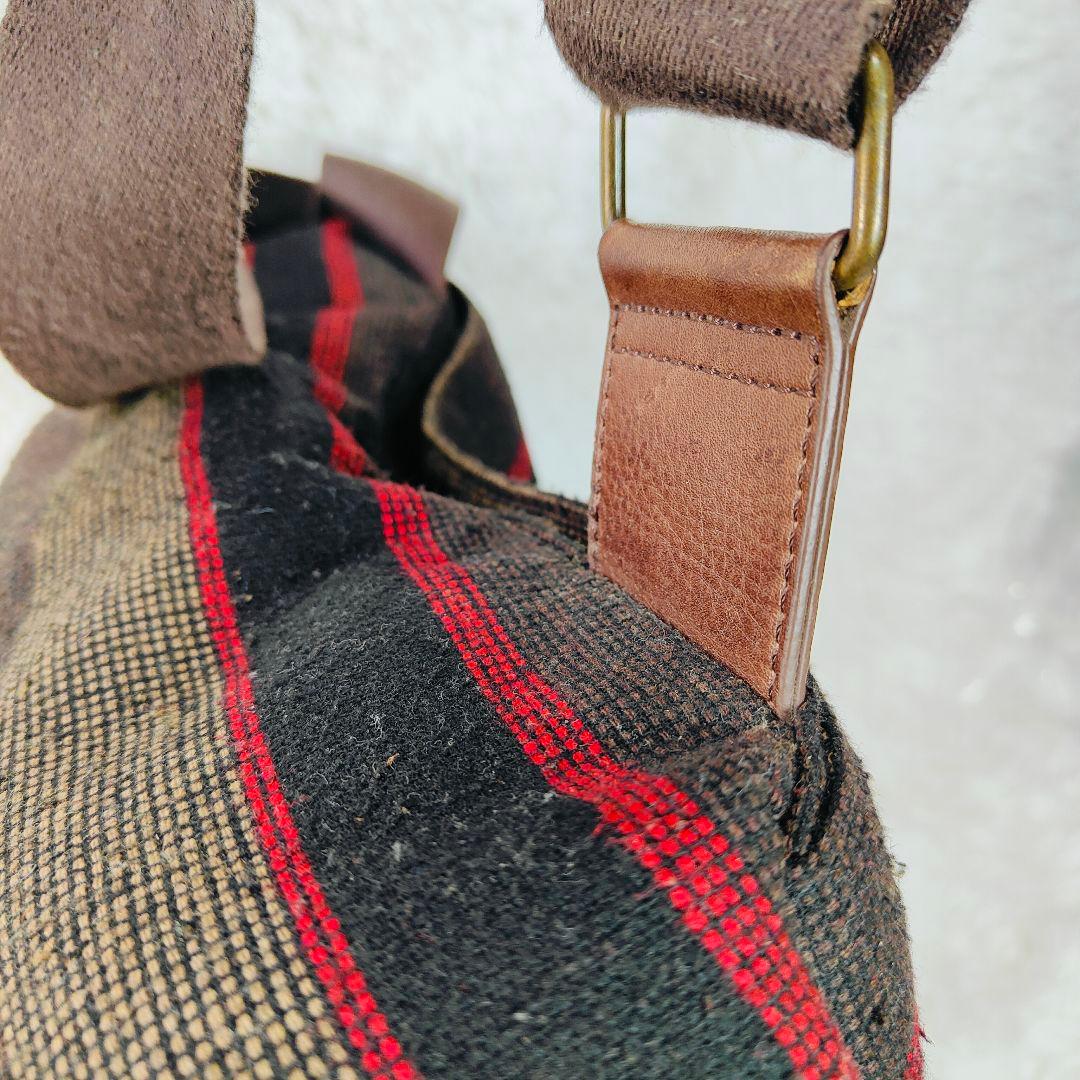 エルエルビーン 90年代ツイードレザー メッセンジャーバッグ　茶　ボーダー