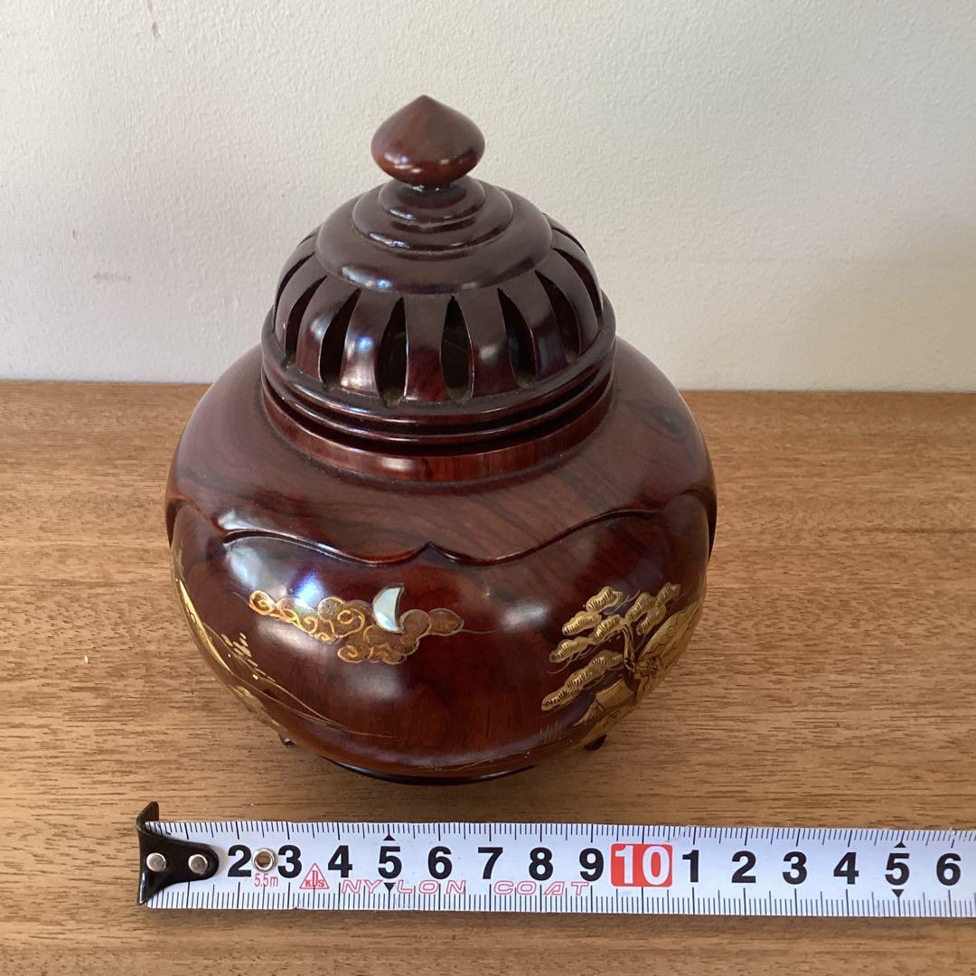 三足香炉　雲龍作　高級紫檀　蒔絵香炉　金蒔絵　山水之図　松　鶴　竹　木製木製