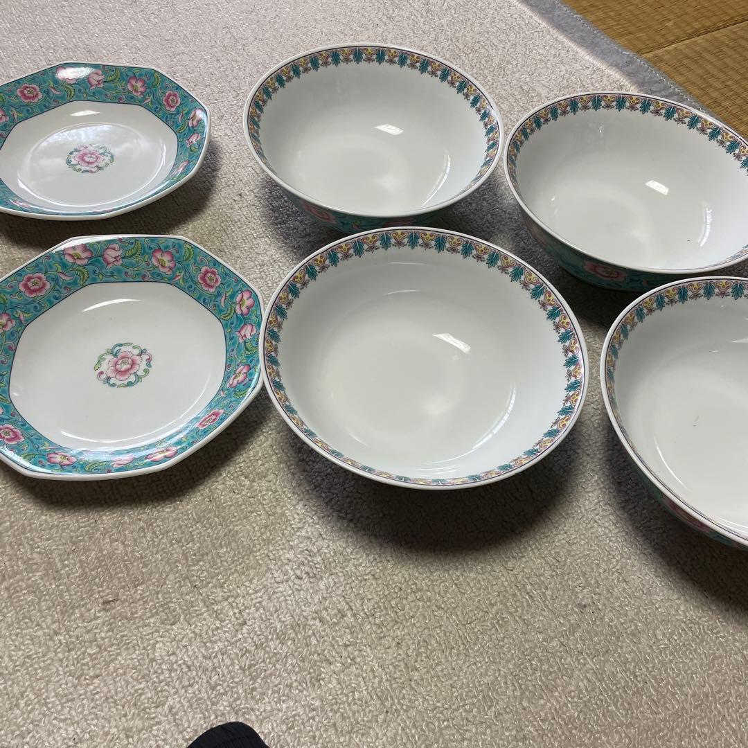 大昭和龍峰製 緑彩唐草八角　中華皿 2枚どんぶり4個　セット