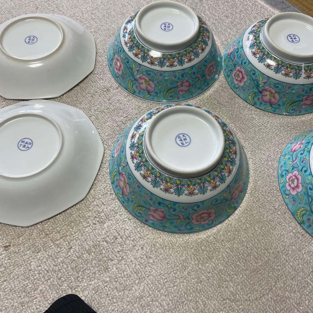 大昭和龍峰製 緑彩唐草八角　中華皿 2枚どんぶり4個　セット