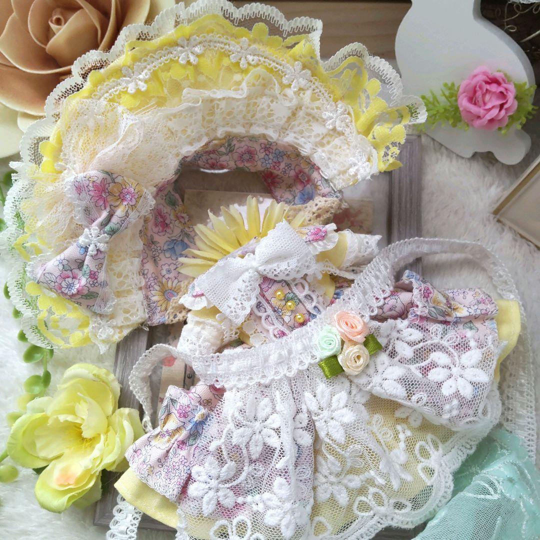 【世界で１着】エプロン付　４点セット　小花イエロー　ドレス　１６cm　ぬい服