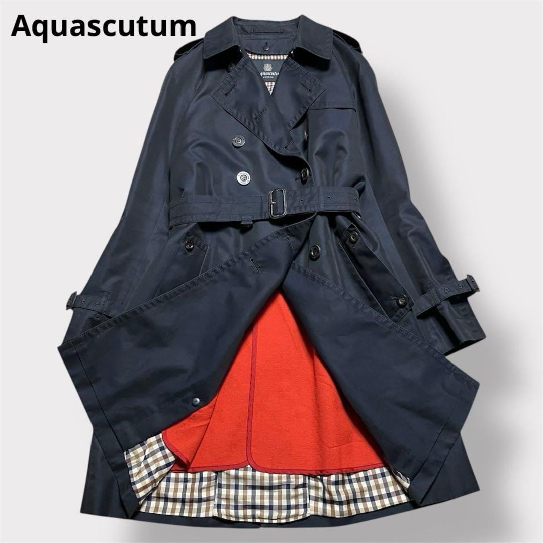 アクアスキュータム トレンチコート レッドライナー付き ベルト ネイビー