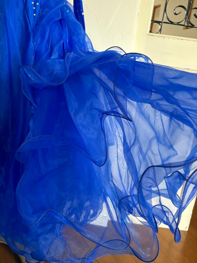 社交ダンスドレス 青 オフショルダー