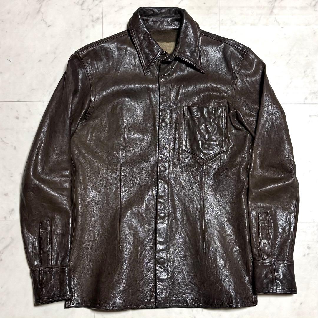 美品 イサムカタヤマバックラッシュ カウレザーシャツ 牛革 ダークブラウン 2