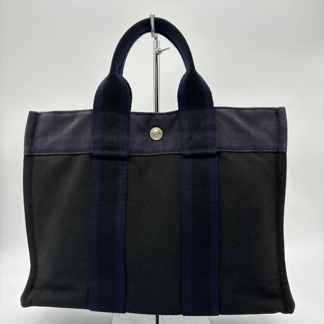 【極美品】HERMES トートPM フールトゥ キャンバス ブラック ネイビー