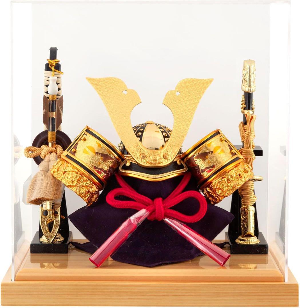 黒大鍬 兜飾り コンパクト 兜ケース飾り 4面アクリルケース 弓太刀付