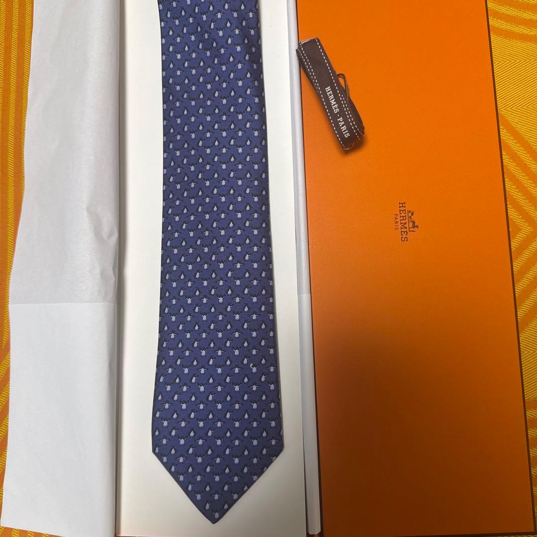 HERMES シルク ネクタイ ブルー