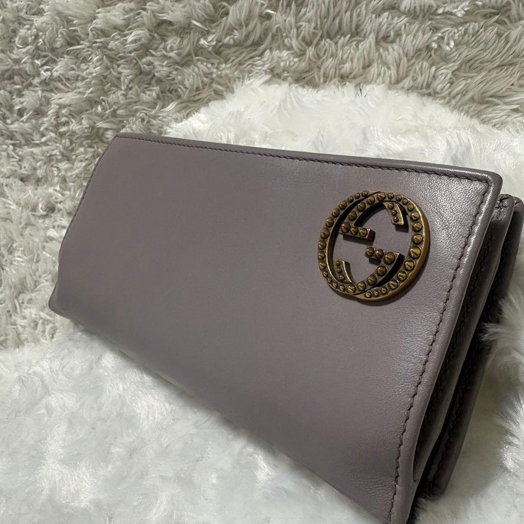 【希少】グッチ インターロッキング 二つ折り 長財布 ゴールド金具 グレージュ