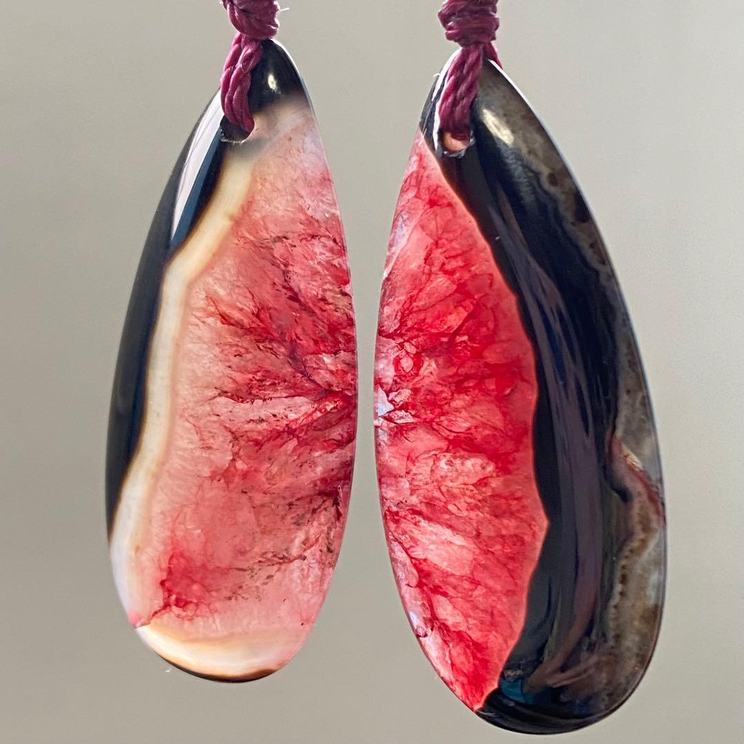 個性◎BIG！マクラメ編みイヤリング◇1494◇赤×黒★瑪瑙★ガーネット