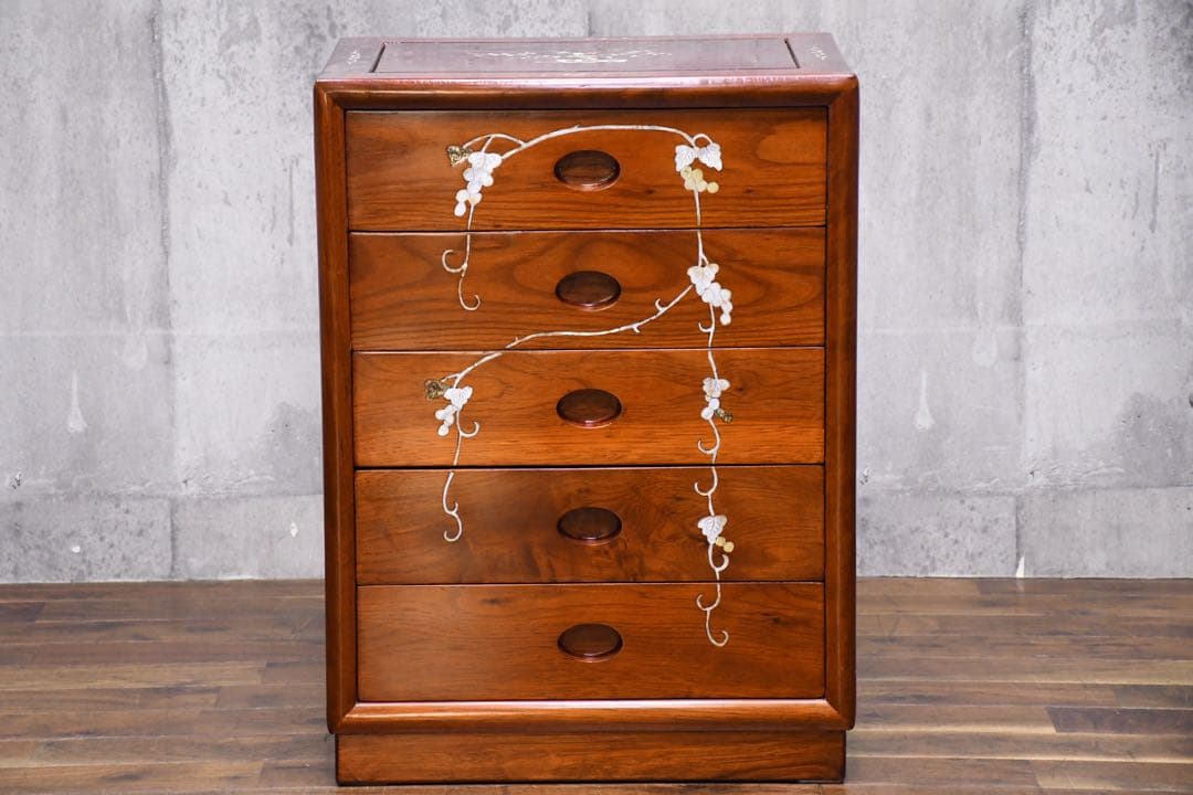 EHK79 唐木 カリン/花梨 無垢材 螺鈿細工 5段チェスト 葡萄模様 抽斗