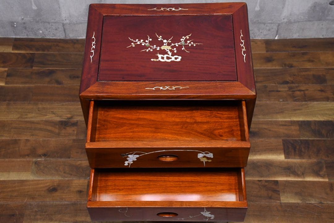 EHK79 唐木 カリン/花梨 無垢材 螺鈿細工 5段チェスト 葡萄模様 抽斗