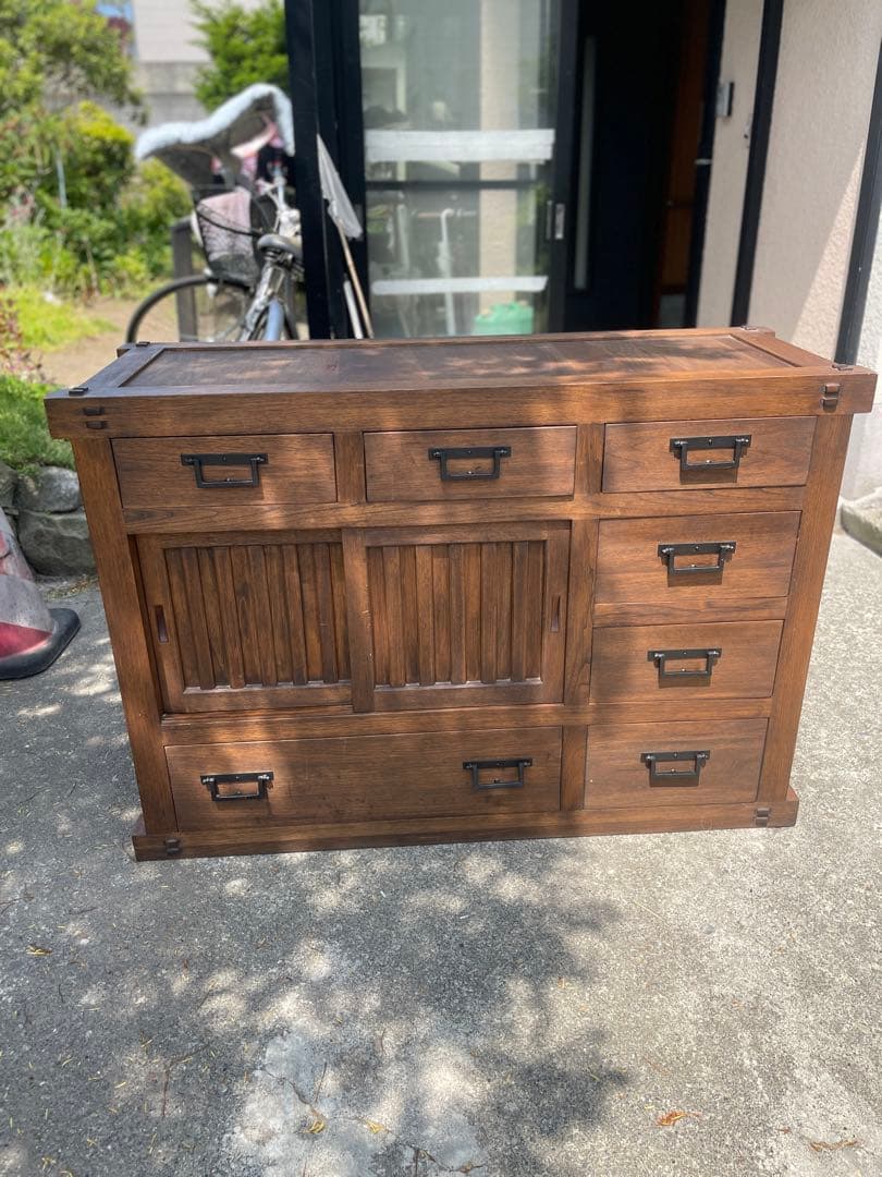 天然木 民芸家具 和箪笥 和風チェスト 水屋箪笥 引き戸付き 収納箪笥 小引出し