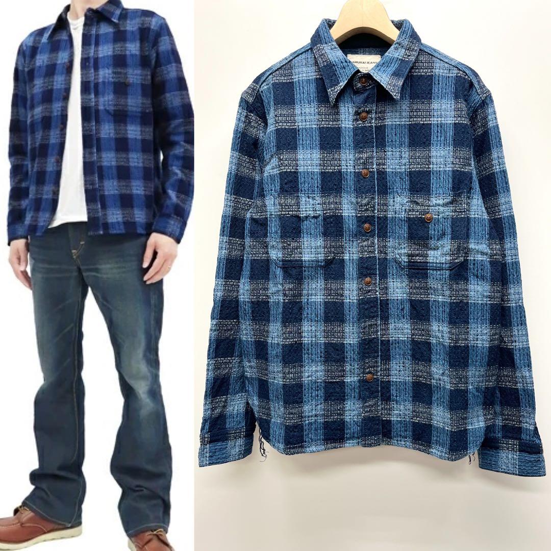 SAMURAI JEANS サムライジーンズ 枷染 藍絣 長袖 チェックシャツ