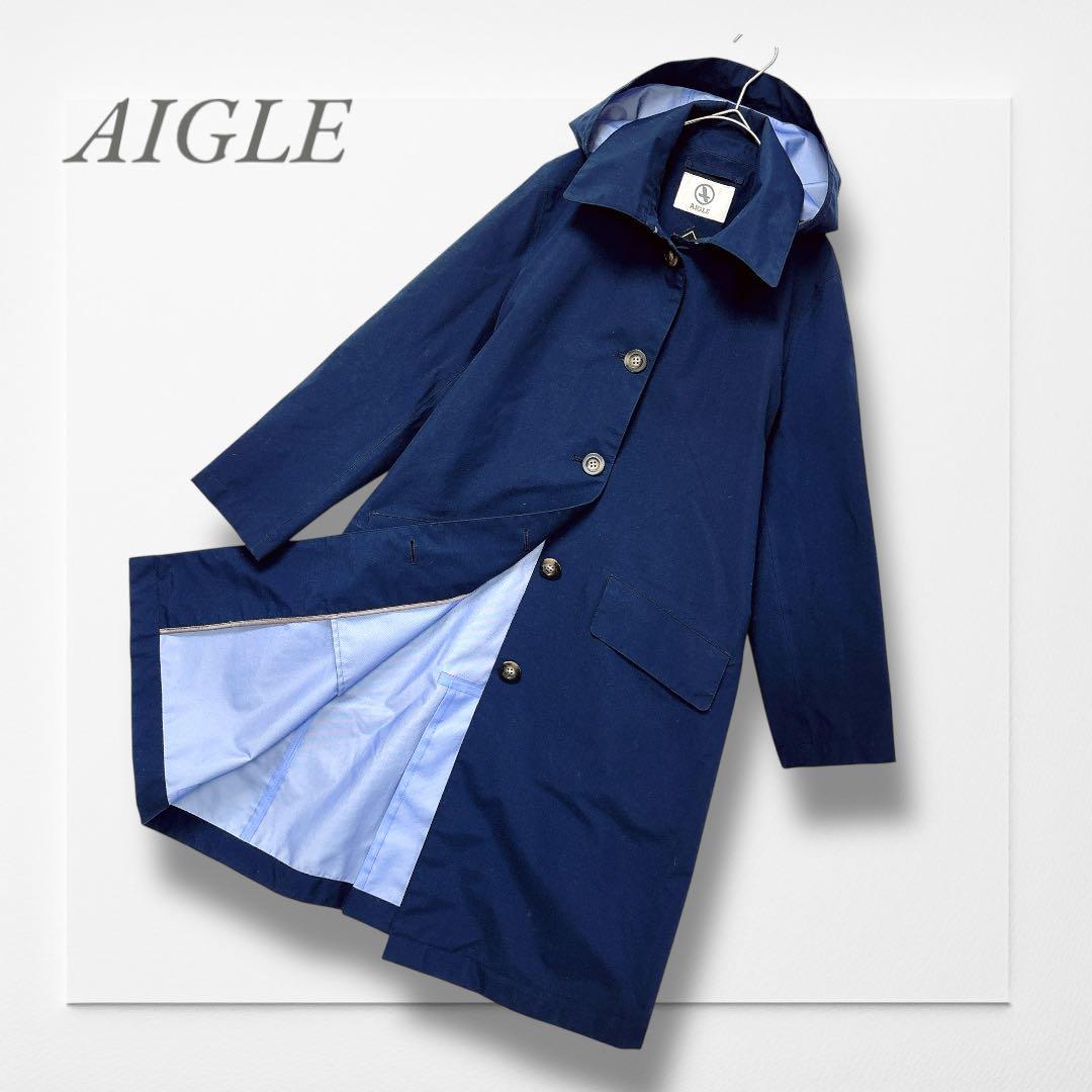 エーグル◆ゴアテックスステンカラーコート(M)紺 フード付き 防水 高機能素材