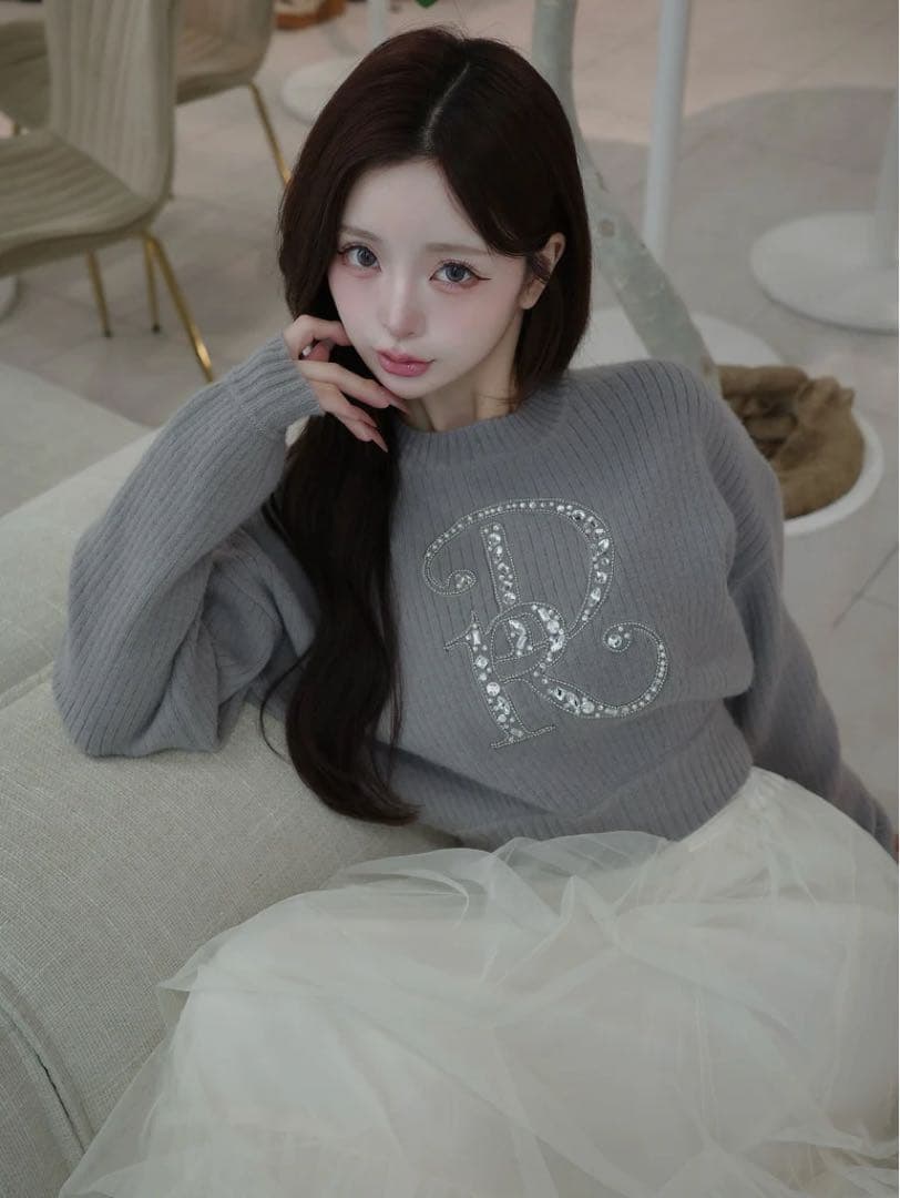 ♡ ダーリッチ Darich DRビジューボリュームリブニットトップス　グレー