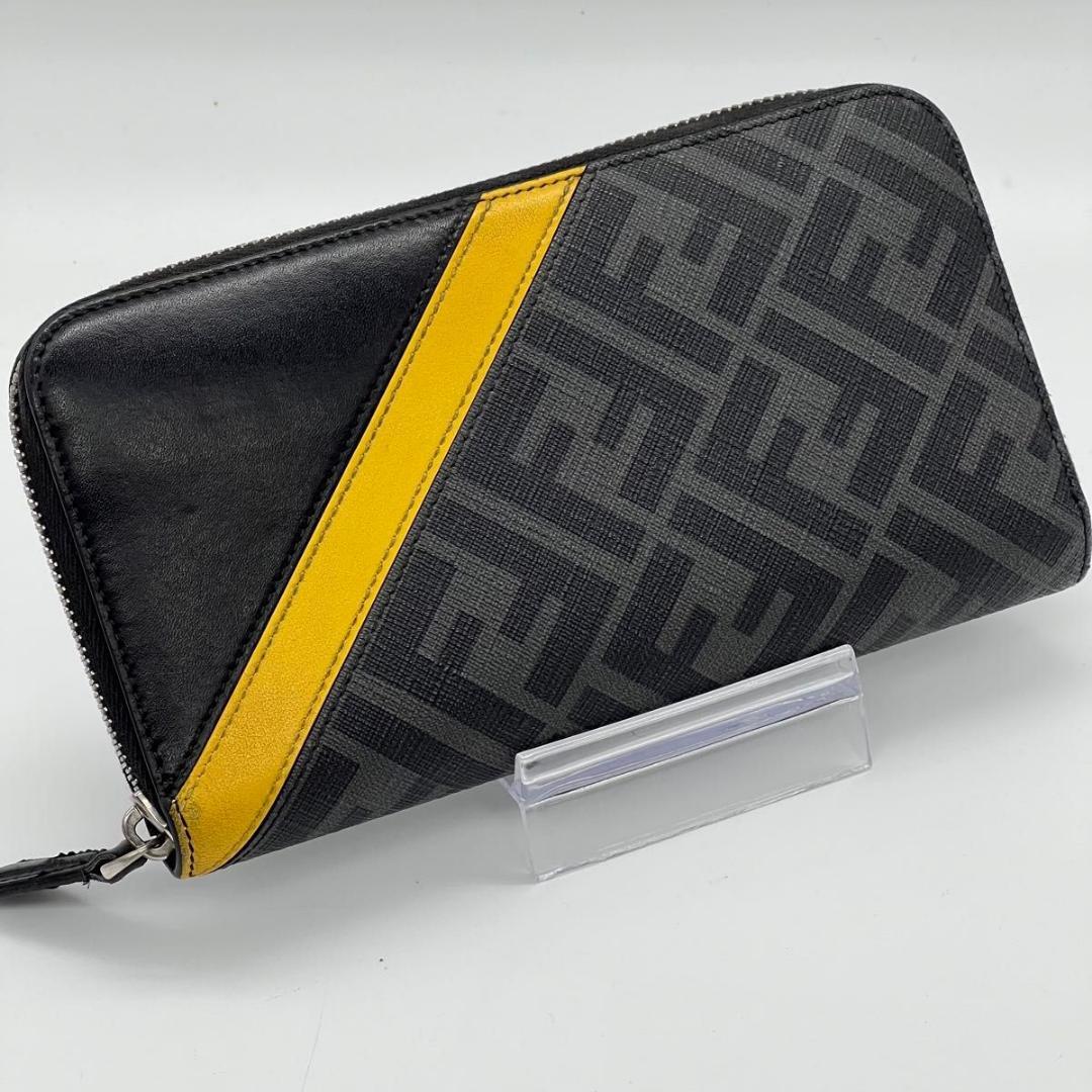 フェンディ ダイアゴナル　FF ズッカ柄 長財布 ブラック　イエロー レザー