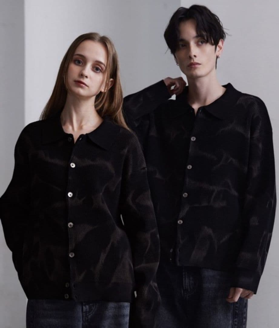 CLEL ベーシック/スプレー畦編みニットシャツカーディガン レッド系　S