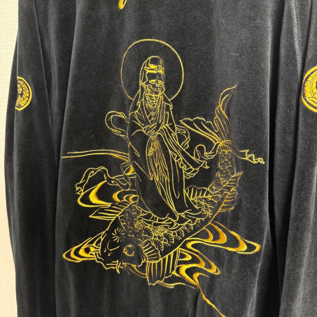 779 Gyoran 金刺繍ベロアトラックジャケット 黒 和柄観音鯉 ルード M