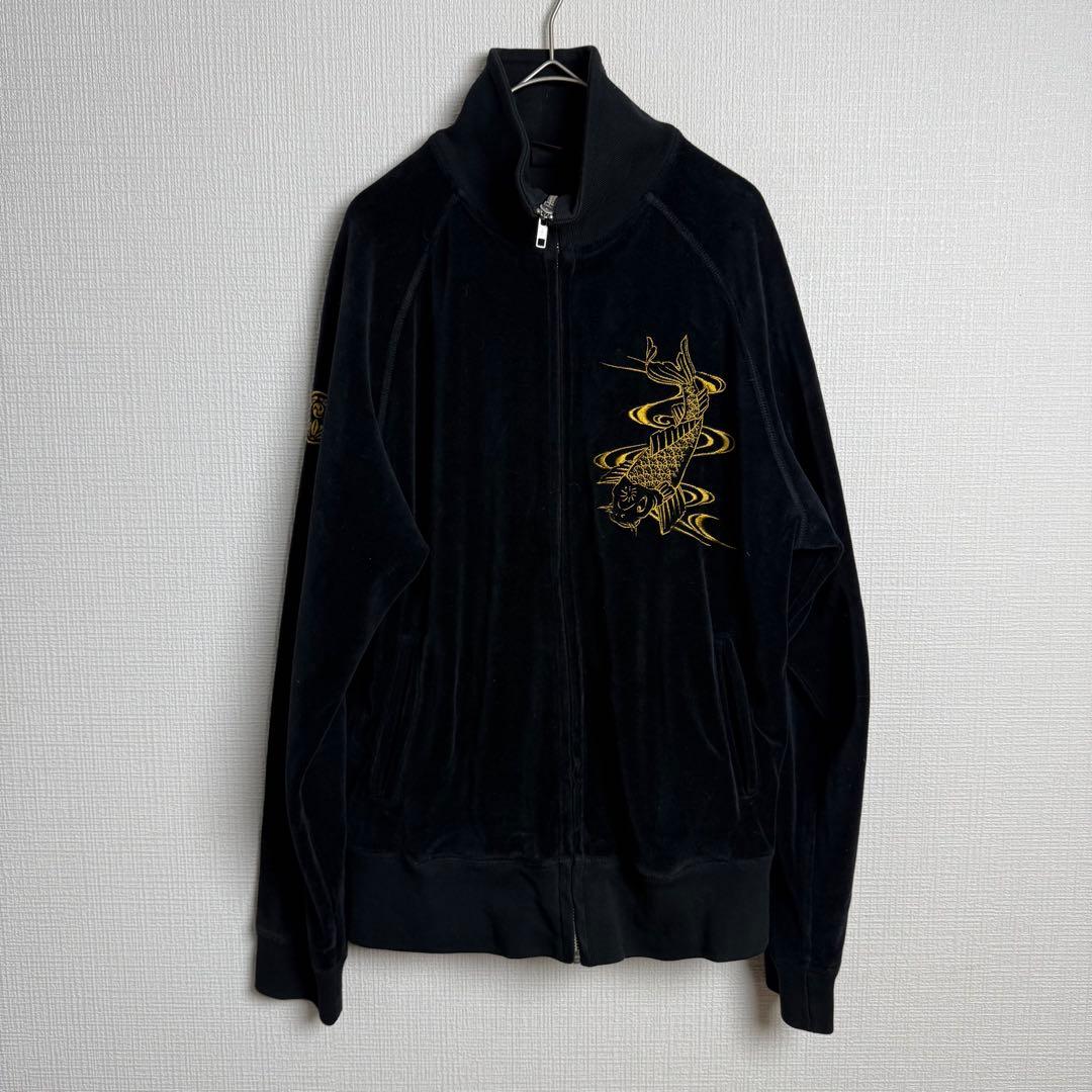 779 Gyoran 金刺繍ベロアトラックジャケット 黒 和柄観音鯉 ルード M