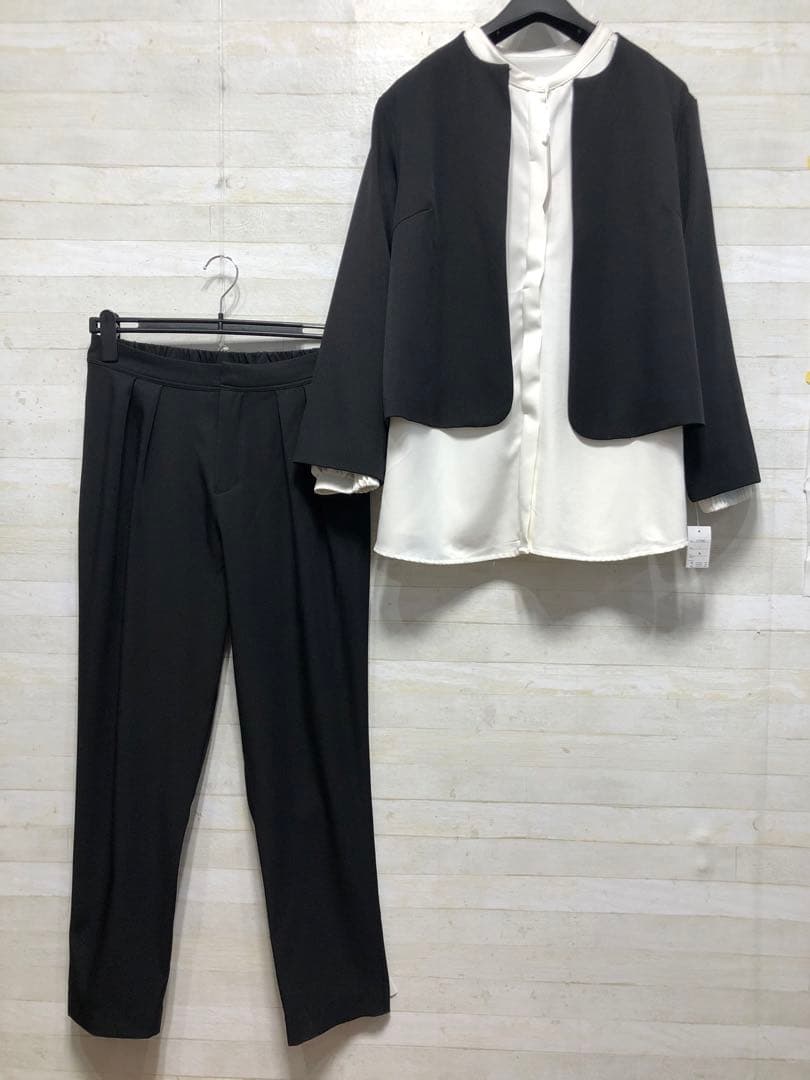 yyyy☆L黒無地パンツスーツ3点セットお仕事・フォーマル〇D210