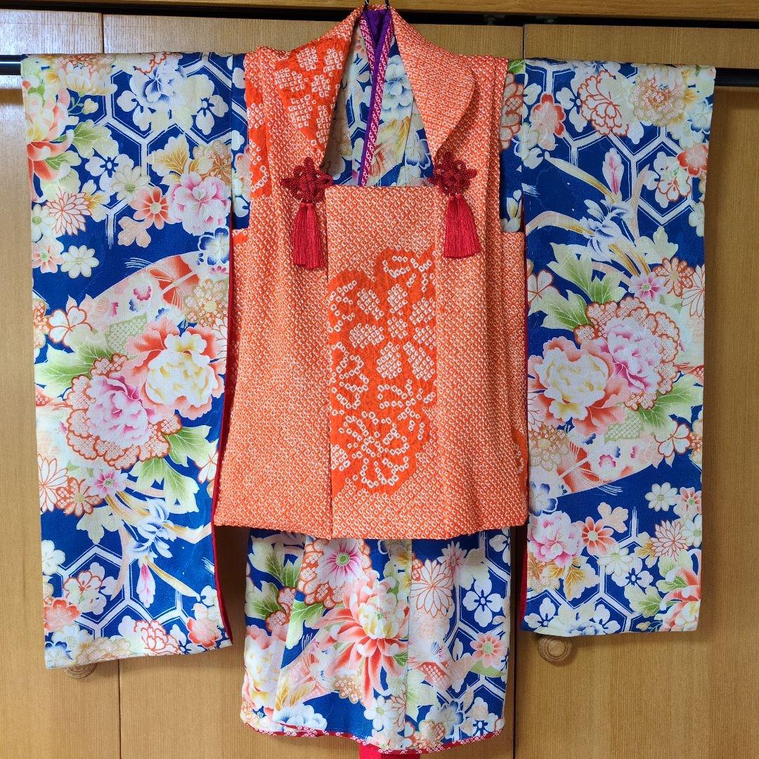 七五三３歳女の子アンティーク着物と正絹総絞り手縫いの被布(中綿無し）