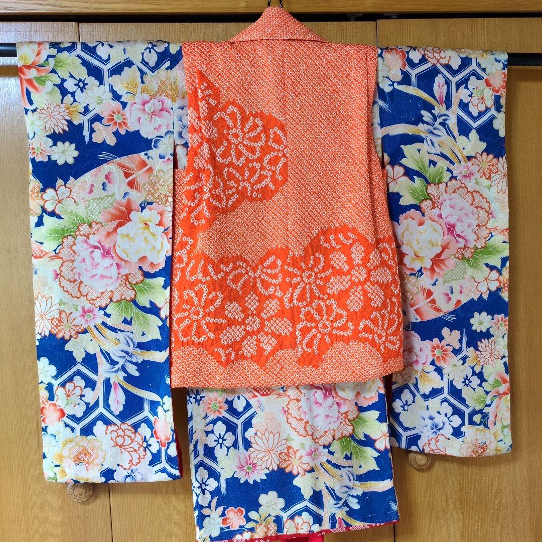 七五三３歳女の子アンティーク着物と正絹総絞り手縫いの被布(中綿無し）