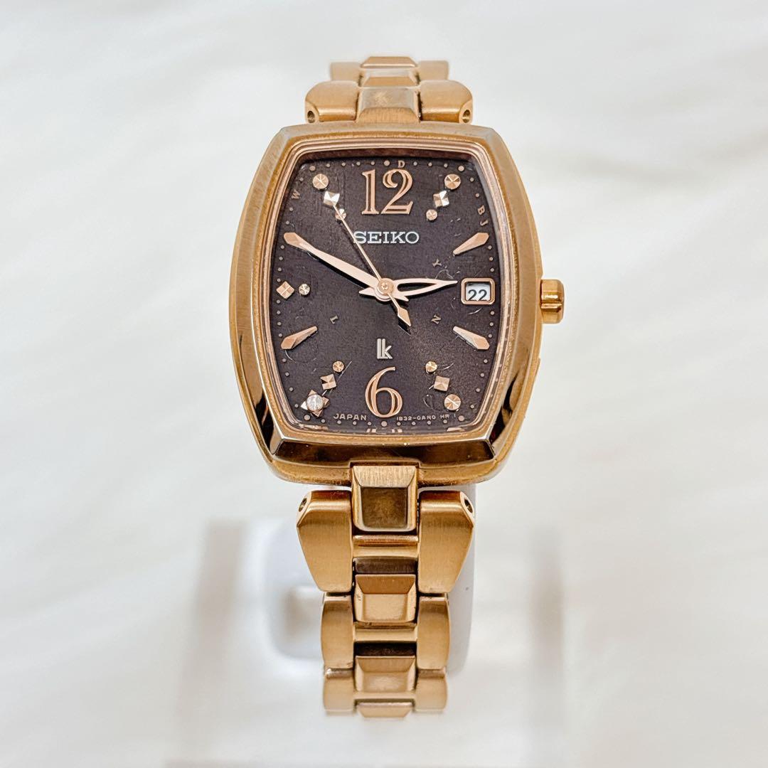 稼働美品✨セイコー　ルキア　1pダイヤ　腕時計 電波ソーラー ゴールド　トノー