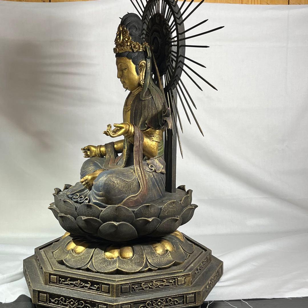 木彫り 観音 楠彫 仏像 戴元偉作 願掛け観音 東京書芸館 古色金彩仕上げ