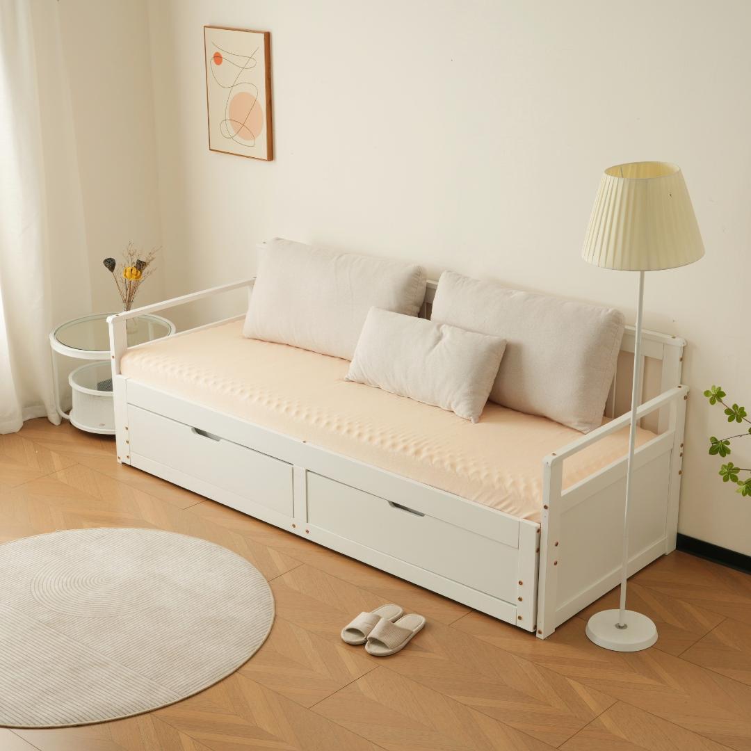 ソファベッド　引き出し収納付き　２WAY　すのこ仕様　天然木製　WHITE