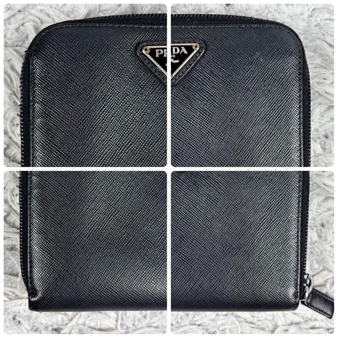 極美品 PRADA レザー 折り財布 三角プレート ラウンドファスナー ホック
