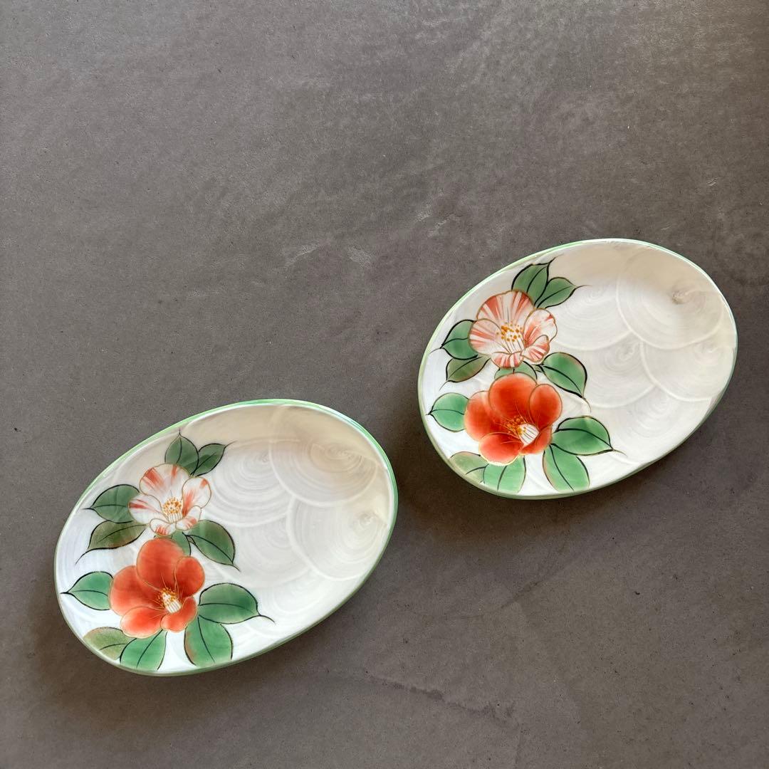 《ほぼ新品》美品　陶あん　京焼　清水焼　白掛彩草花銘々皿　椿　色絵付け　陶葊　皿