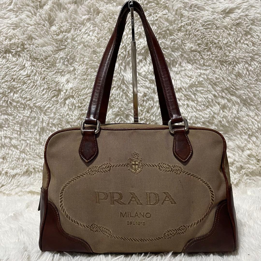 【希少】PRADA プラダ　ミニボストン　ボストン　ジャガード　ブラウン　バッグ