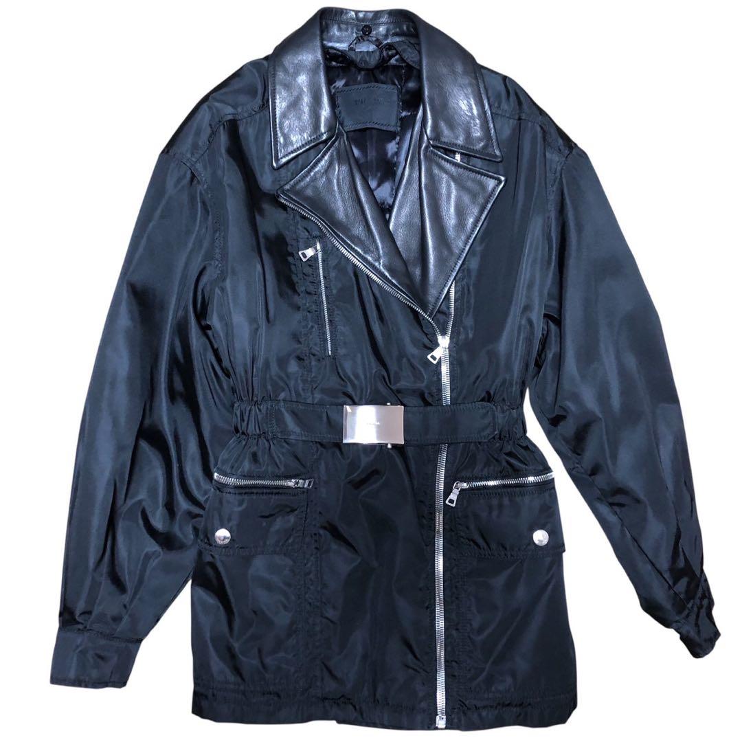 プラダ　PRADA ファー付き　ナイロン＆レザーベルトコート　ライダース風　S