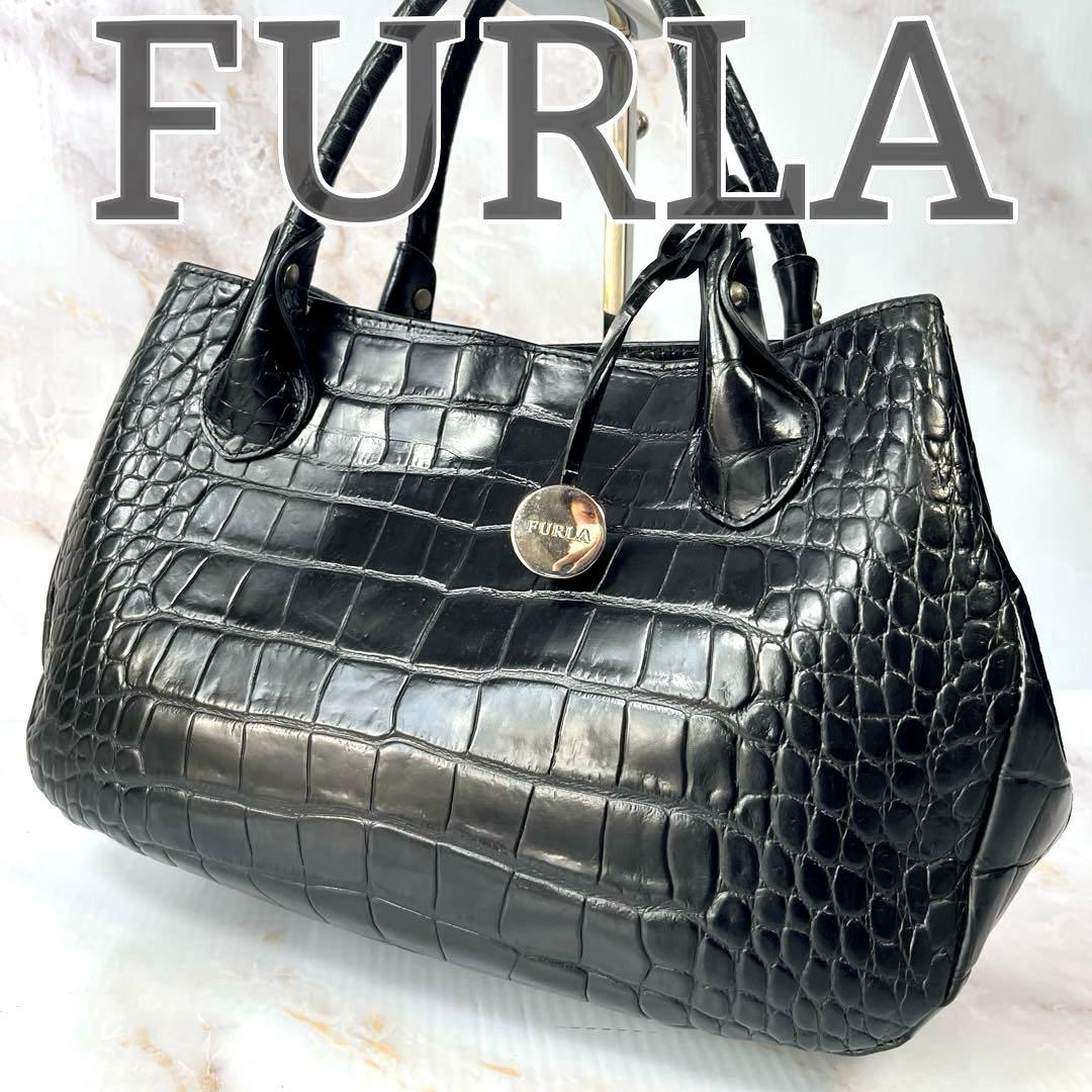 【美品】 FURLA ハンドバッグ クロコ型押し レザー ブラック 黒