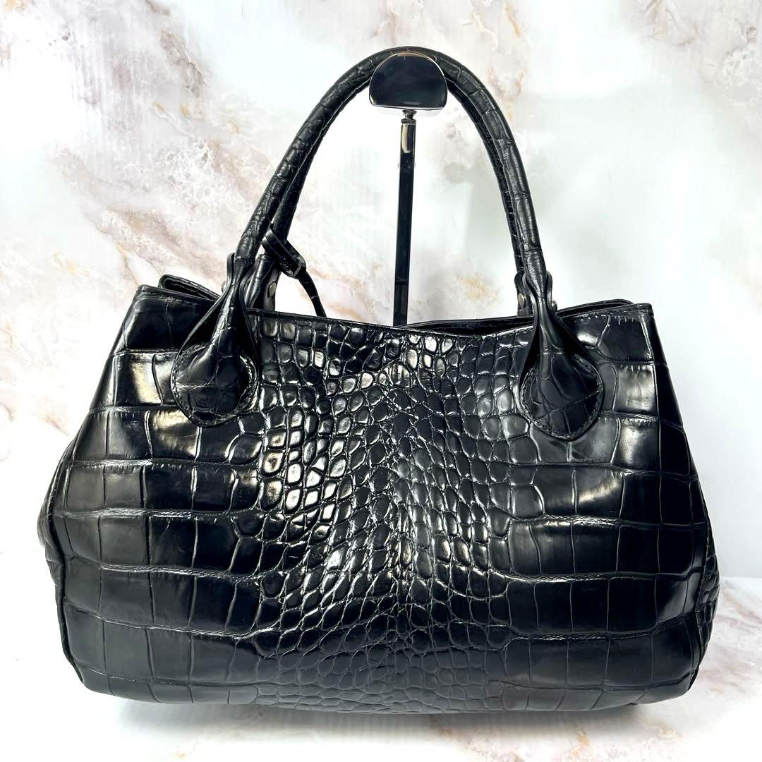 【美品】 FURLA ハンドバッグ クロコ型押し レザー ブラック 黒
