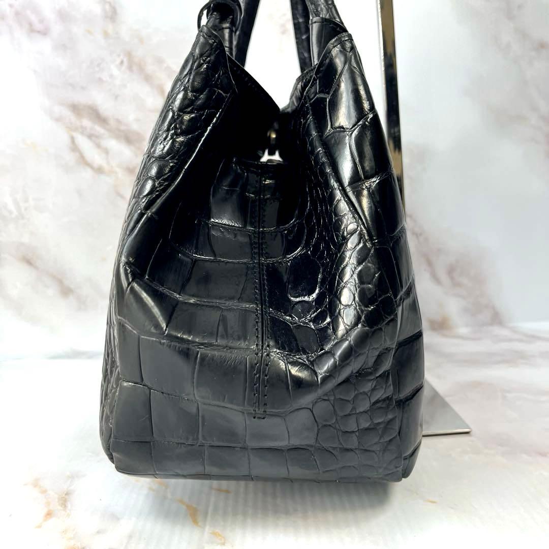 【美品】 FURLA ハンドバッグ クロコ型押し レザー ブラック 黒