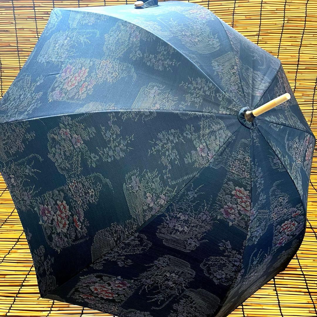 大島紬リメイク＊手作りおしゃれ日傘とお揃い巾着トート＊濃紺 花柄