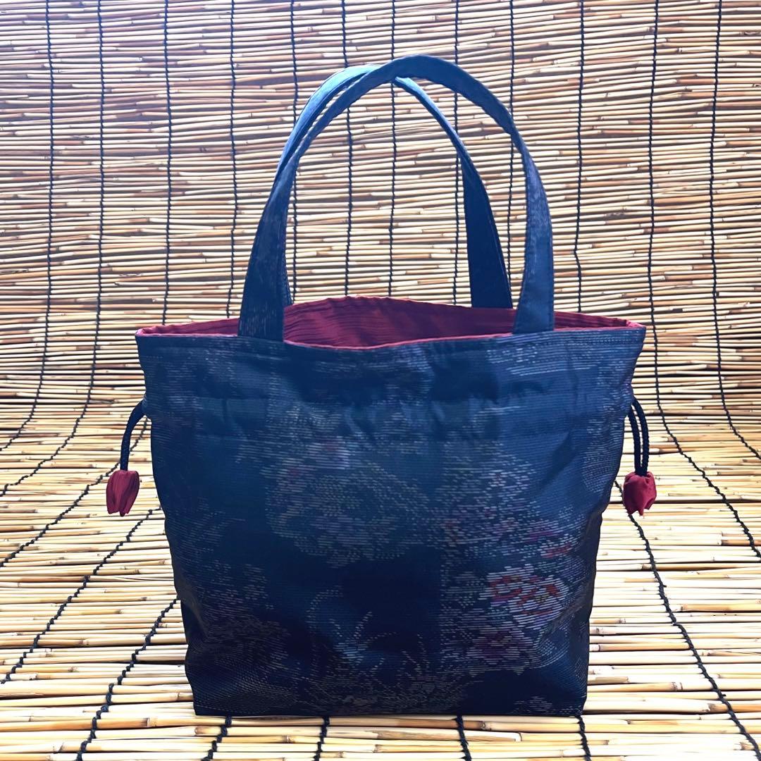 大島紬リメイク＊手作りおしゃれ日傘とお揃い巾着トート＊濃紺 花柄