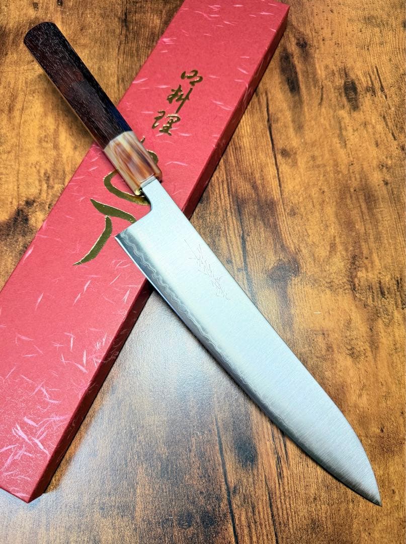 義弘作　和牛刀　包丁　8寸　青紙スーパー鋼　山脇刃物製作所　紫檀白水牛八角柄