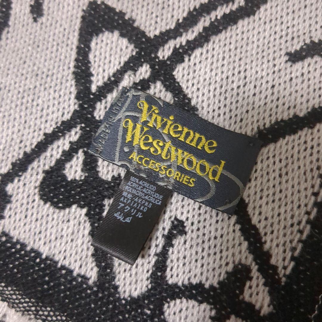 【美品】Vivienne Westwood マフラーオーブ総柄　黒白クリスマス冬