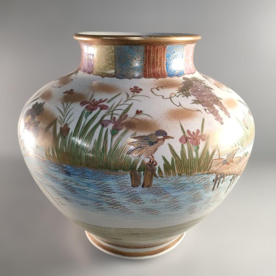 A1389-8/薩摩焼/金襴手色絵花鳥図花瓶/飾壺/花入/花器/華道具/