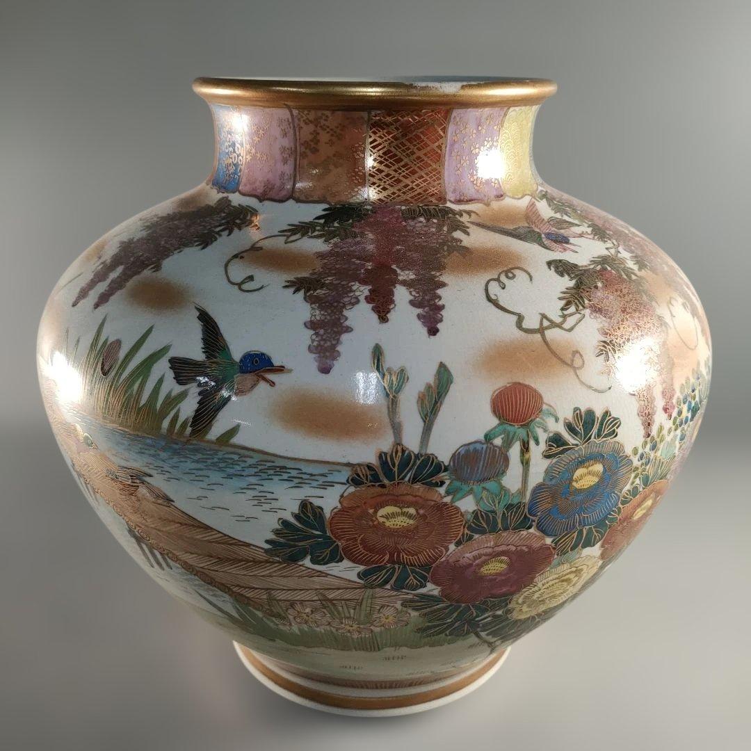 A1389-8/薩摩焼/金襴手色絵花鳥図花瓶/飾壺/花入/花器/華道具/