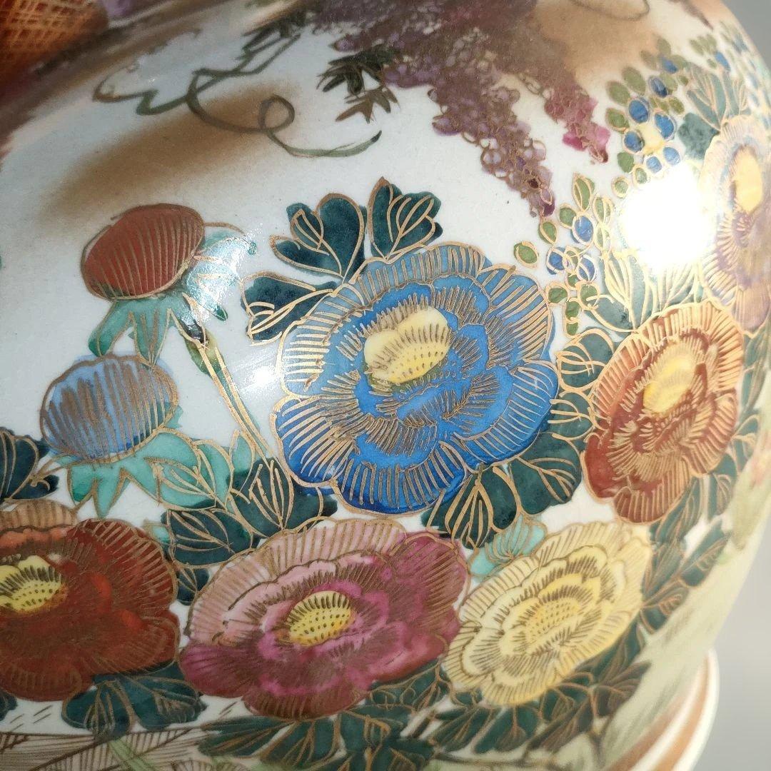 A1389-8/薩摩焼/金襴手色絵花鳥図花瓶/飾壺/花入/花器/華道具/