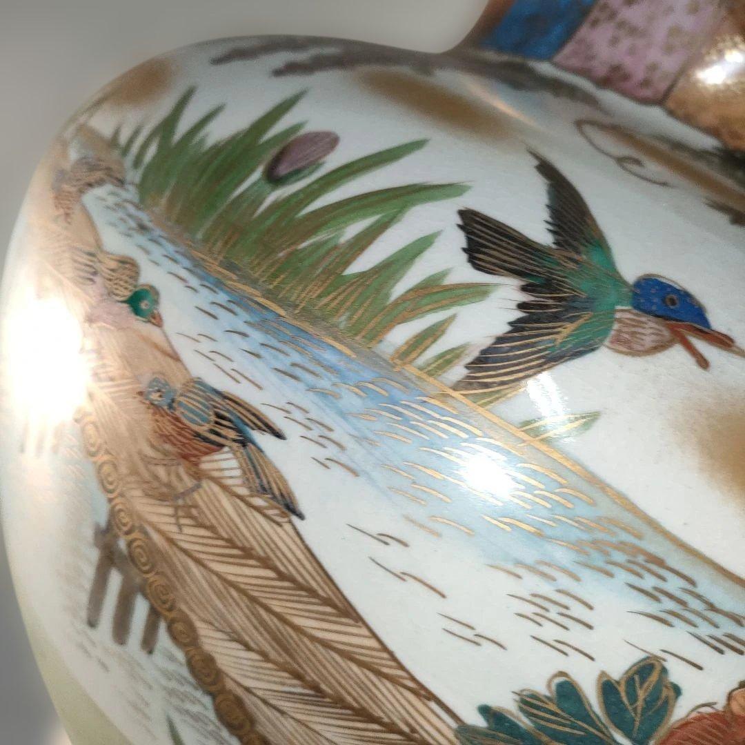 A1389-8/薩摩焼/金襴手色絵花鳥図花瓶/飾壺/花入/花器/華道具/