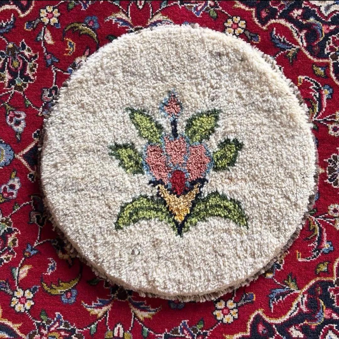 極厚2.5cm！手織りギャッベ 円形チェアパッド 40×40cm 花柄 フカフカ