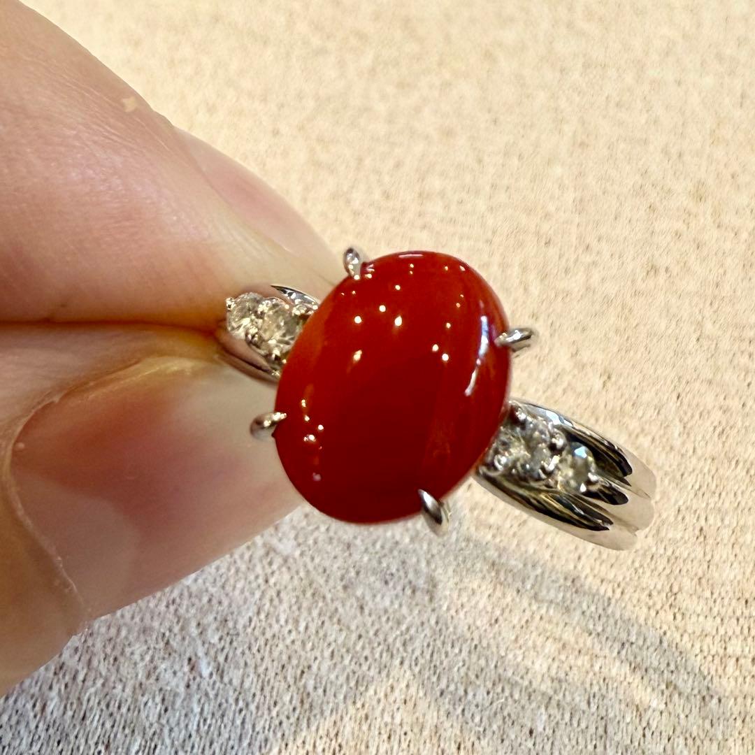 Pt900 血赤珊瑚1.73ct ダイヤ0.11ct リング 新品 13号