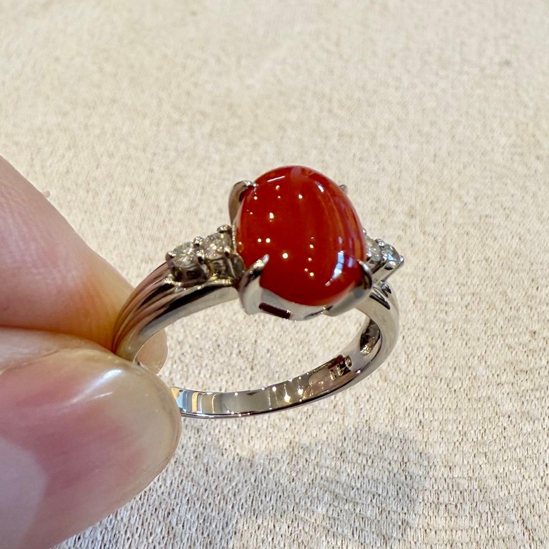 Pt900 血赤珊瑚1.73ct ダイヤ0.11ct リング 新品 13号