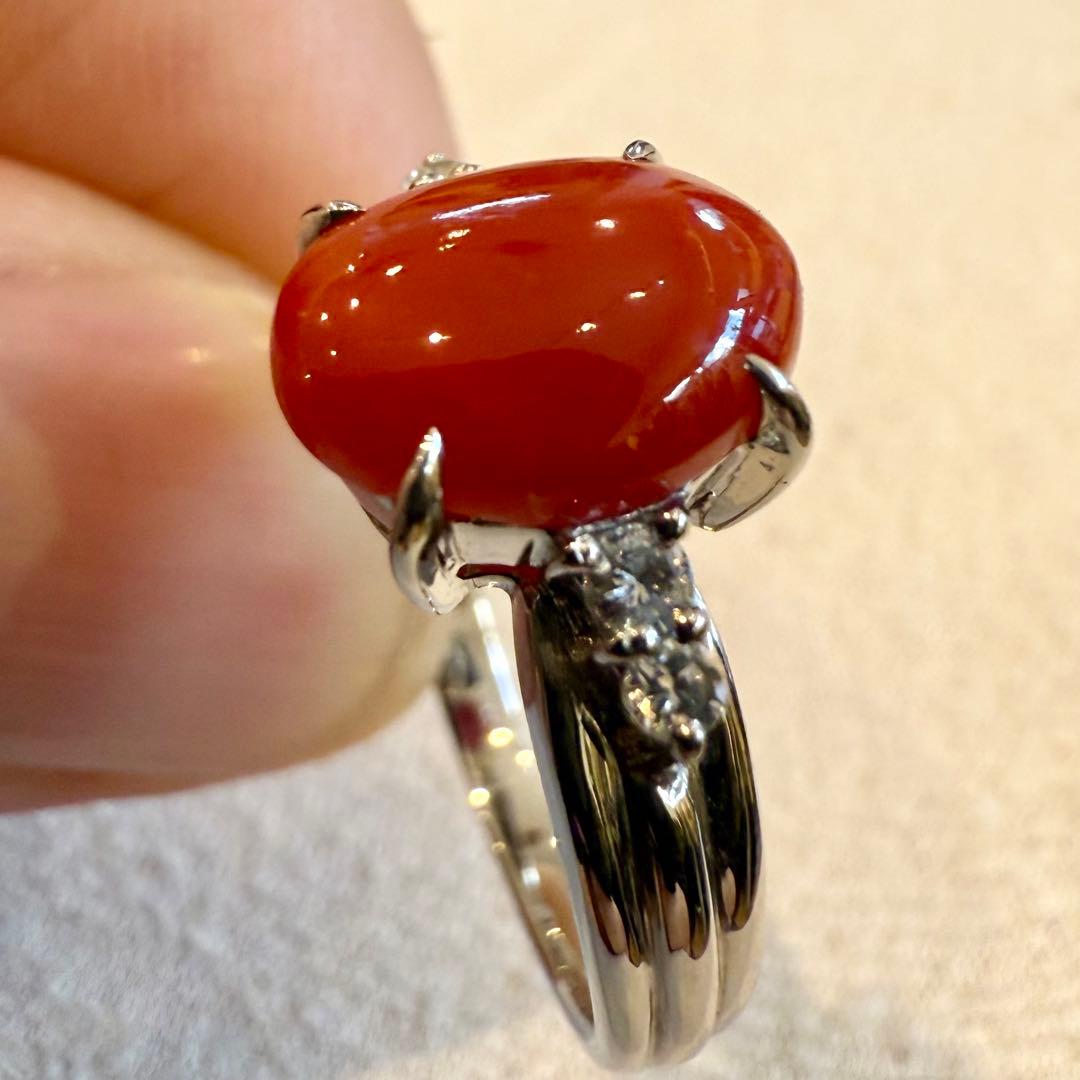 Pt900 血赤珊瑚1.73ct ダイヤ0.11ct リング 新品 13号