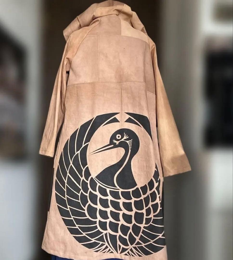 大きな家紋／柿渋染フード付きコート／コーデガン　サイズL